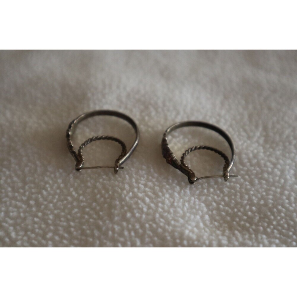 Vintage NV Nevada Silver Mine Sterling 925 Double Hoop Earrings Enamel Flower - Picture 5 of 12
